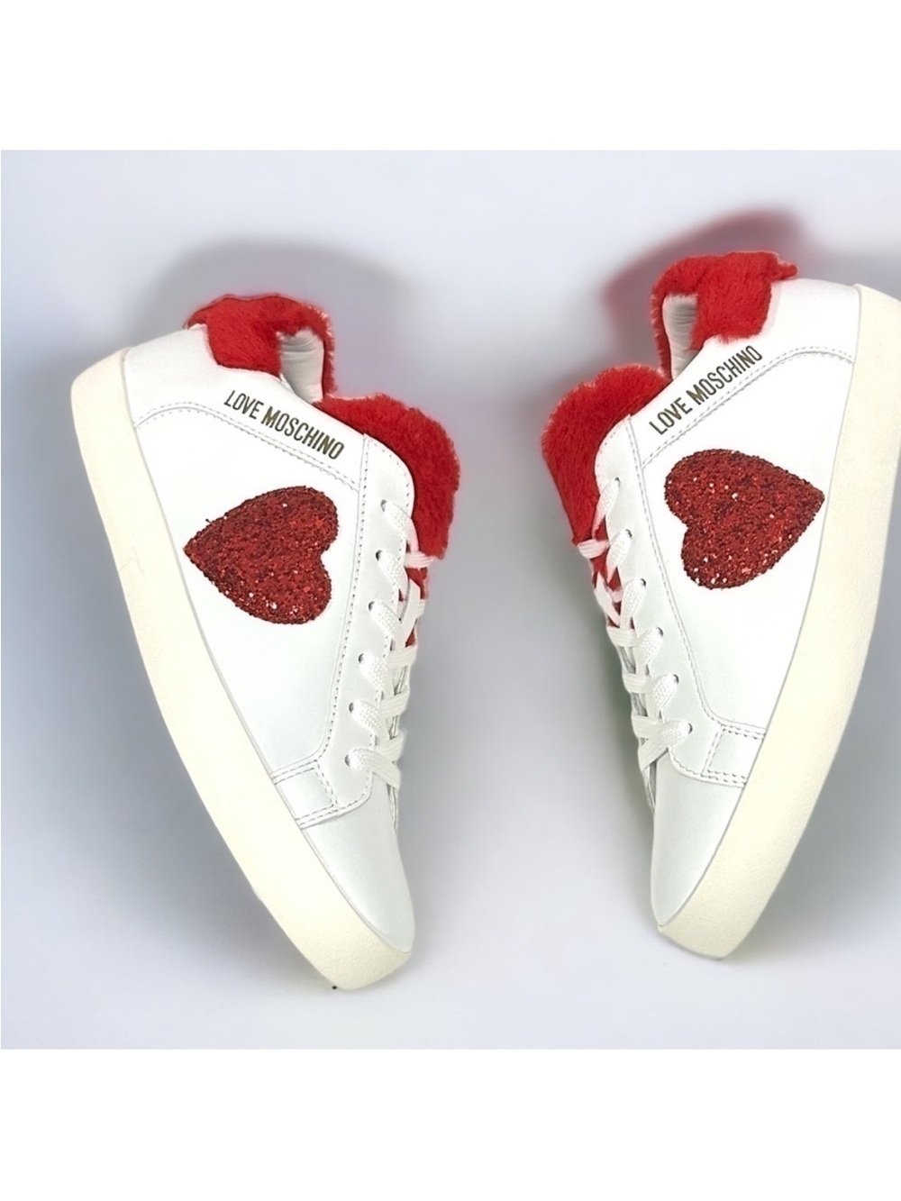 Love Moschino White Sneakers with Red Fur Collar and Glitter Heart